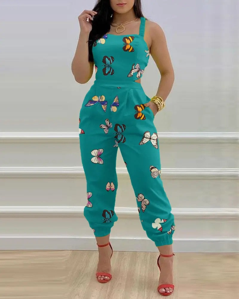 Print Hollow-out Backless Jumpsuit