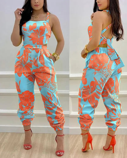 Print Hollow-out Backless Jumpsuit