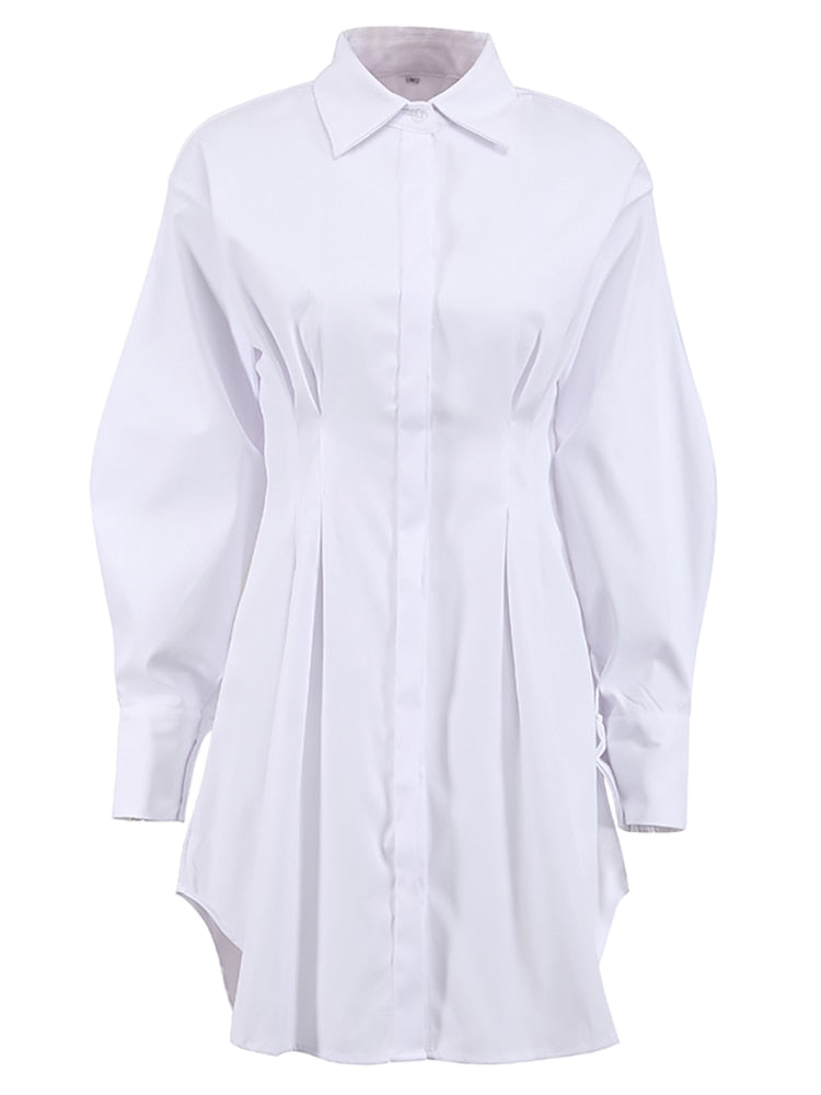 Women Khaki Long Sleeve Pleated Shirt Dress