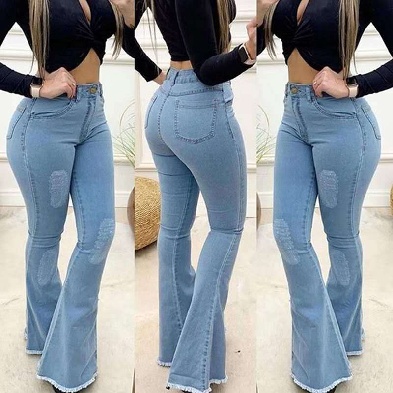 High Waist Stretch Ripped Flare Pants