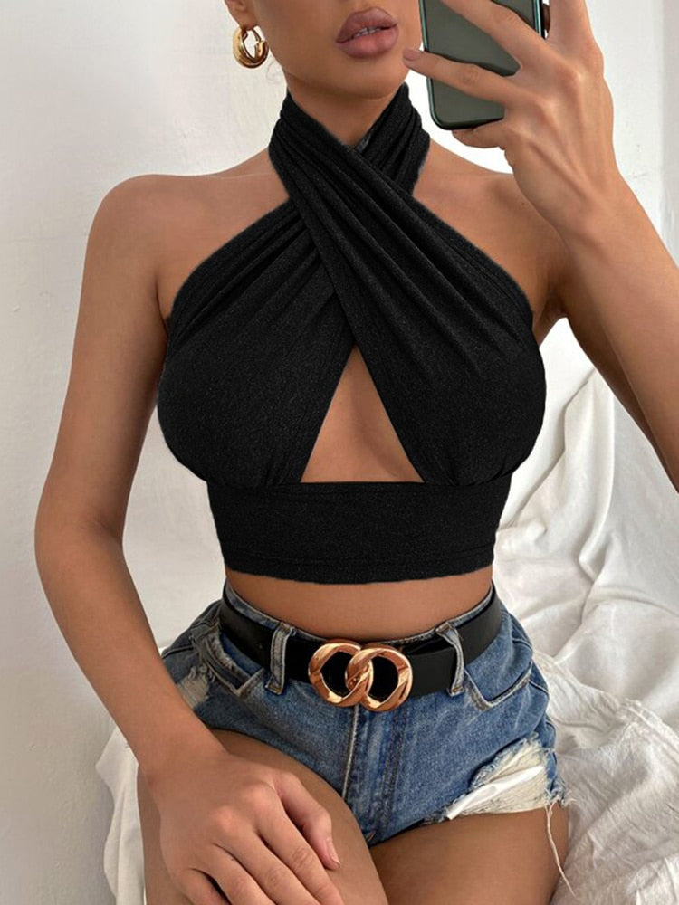 Emily in Paris Outfit Halter Neck Hollow Crop Top