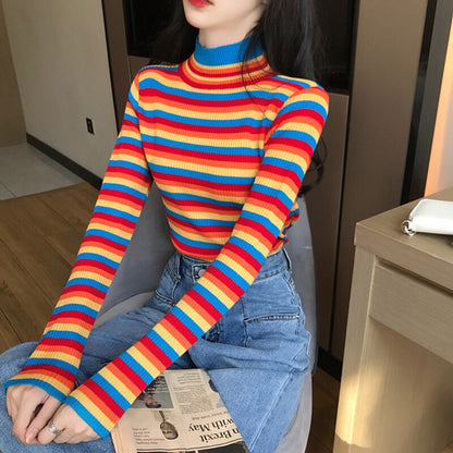 Rainbow Turtleneck Knitted Sweater