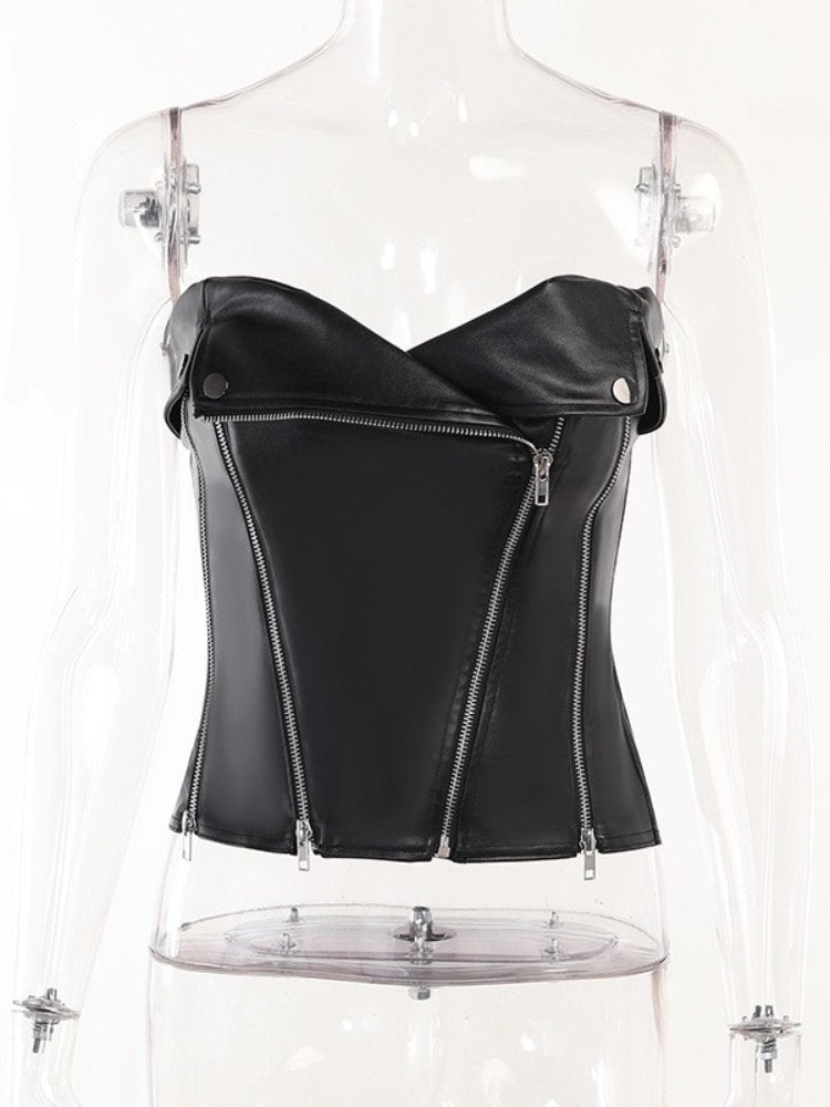 PU Leather Zipper Tube Tops