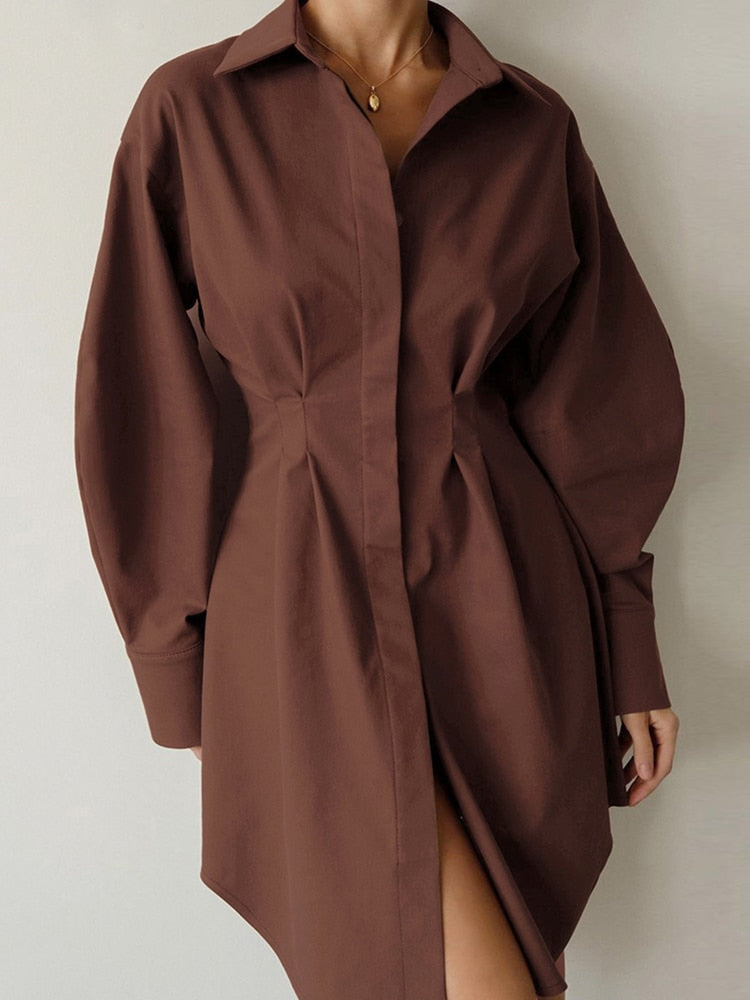 Women Khaki Long Sleeve Pleated Shirt Dress