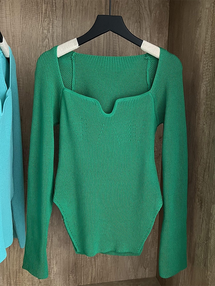 Square Collar Long Sleeve Woman Sweaters