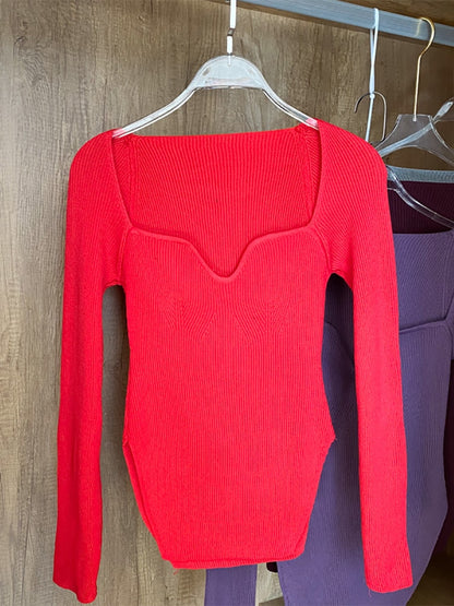 Square Collar Long Sleeve Woman Sweaters