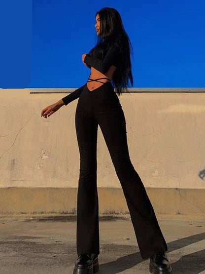 Lace Up Black Flare Pants