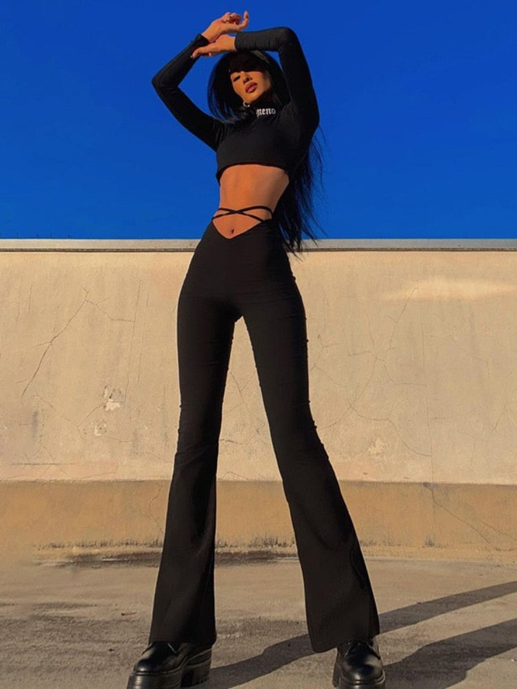 Lace Up Black Flare Pants