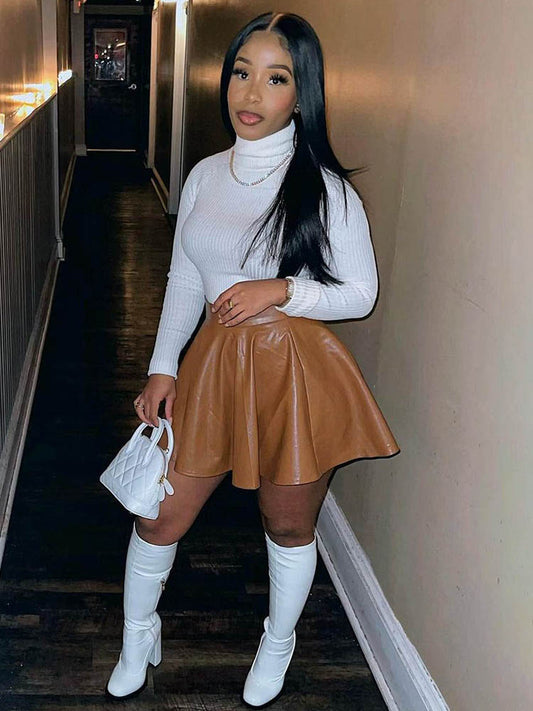 Solid PU Leather Mini Skirt